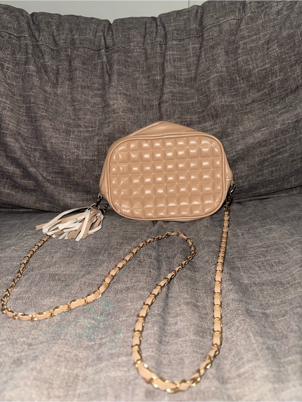Quilted Nude Crossbody Bag with Tassel and Chain Strap